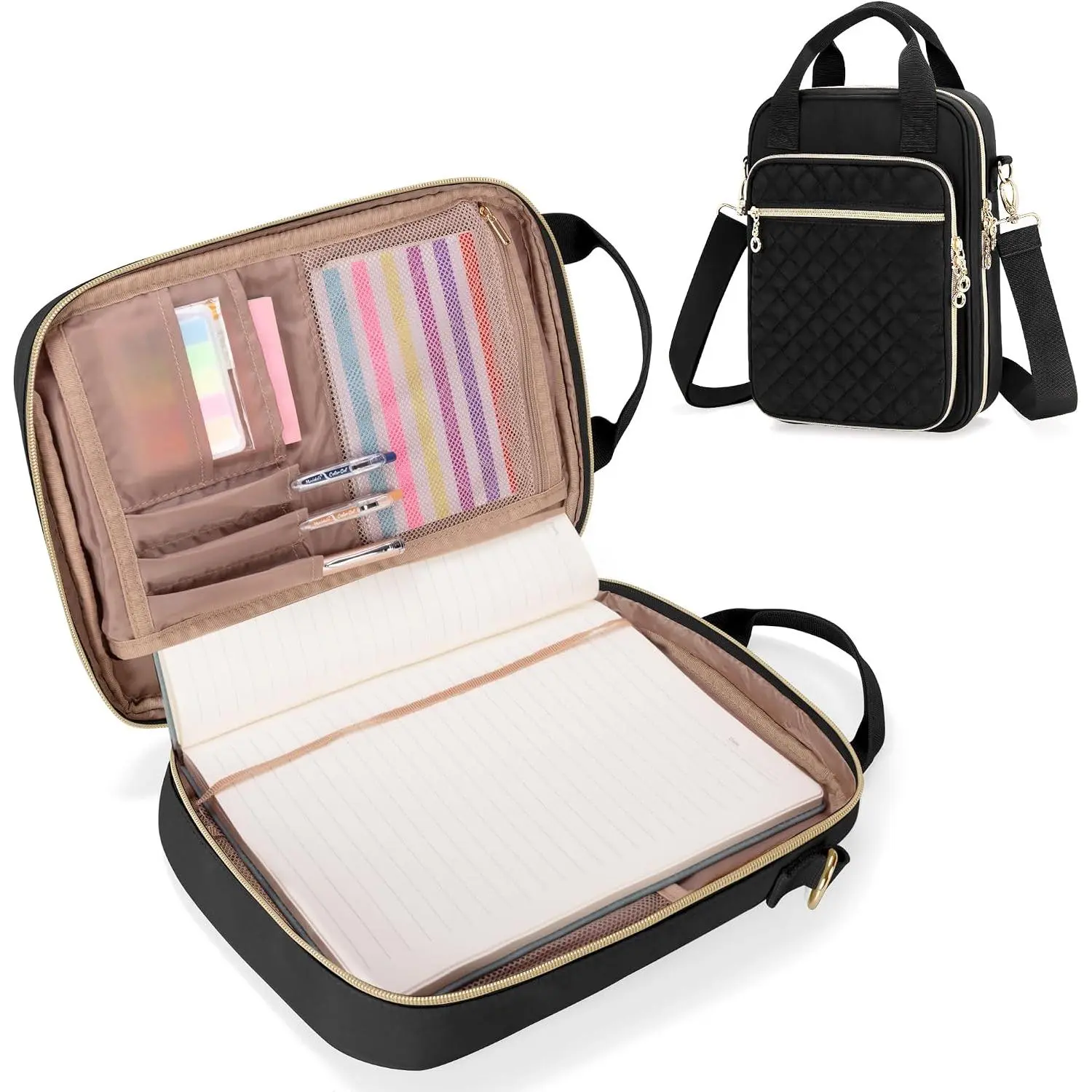 Journal Supplies Storage Case, Journal Supplies Holder with Pen Slots, Travel Organizer Holder for B5 Notebooks, Planner, Pens, Journal Supplies and Accessories, Black Quilted