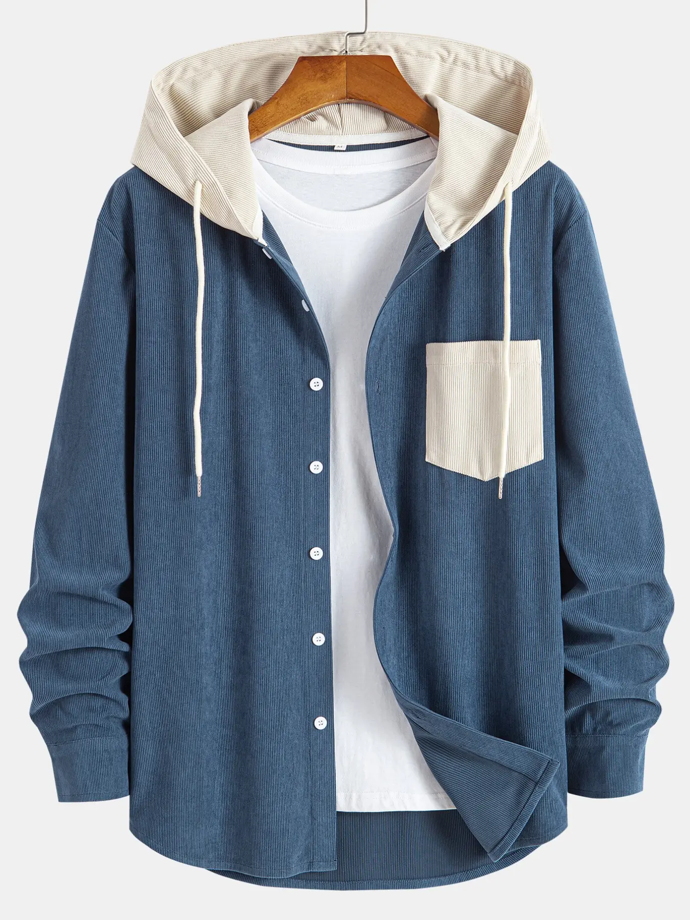 Men's Color Block Hooded Corduroy Shirt Jacket, Button Down Long Sleeve, Patch Pocket, Casual Shacket for Fall Winter, Streetwear, Travel