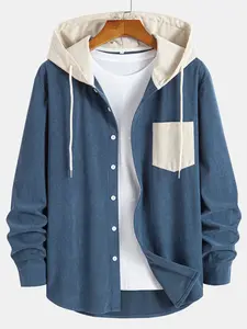 Men's Color Block Hooded Corduroy Shirt Jacket, Button Down Long Sleeve, Patch Pocket, Casual Shacket for Fall Winter, Streetwear, Travel