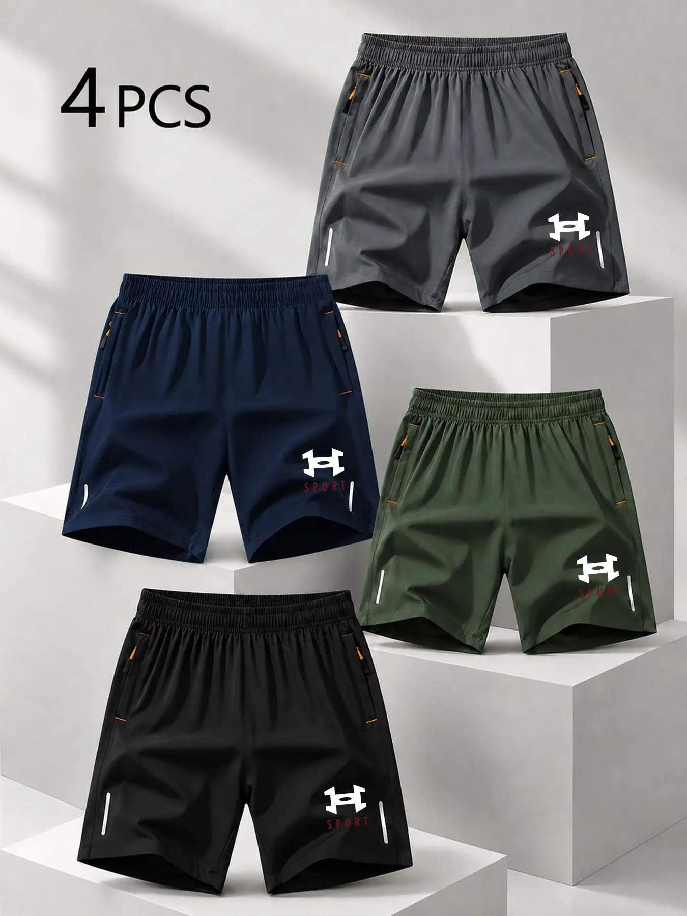 4-Pack Men's Sport Print Quick-Dry Shorts, Lightweight Breathable Zip Pockets, Outdoor Athletic Casual Five-Quarter Pants