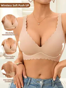 Jelly Wireless Bra Womens Scalloped Comfortable Wireless Bras Push Up Bralettes Seamless Tshirts Bras Deep V Everyday Bras