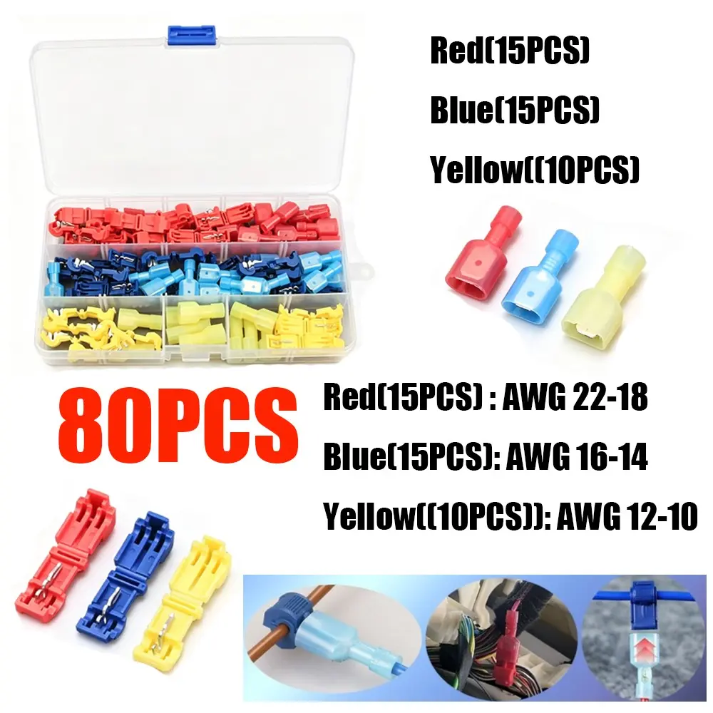 80pcs Boxed Awg22-10 T-Type Male Spade Terminal Connectors Kit with Storage Box, Electrical Wiring Accessories, Easy Installation, Wire Terminal Connectors