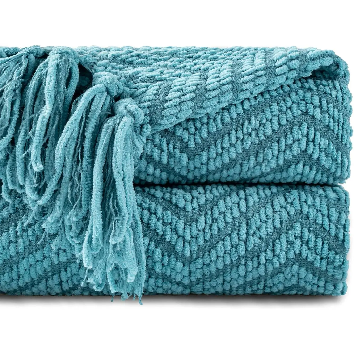 Teal Throw Blanket for Couch, Knit Woven Turquoise Blankets Versatile for Chair, Super Soft Warm Decorative Green Blanket with Tassels for Bed Sofa, 50"x60"