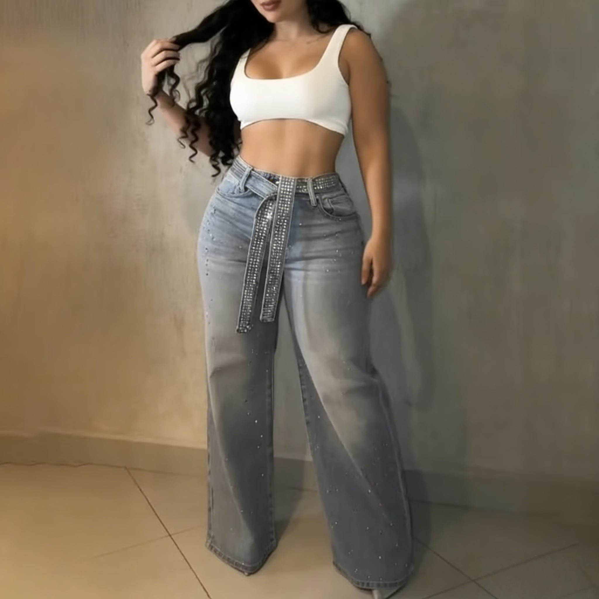 Women's Allover Rhinestone Decor High Waist Zipper Fly Jeans Casual Wide Leg Loose Fit Denim Pants with Rhinestone Decor Belt