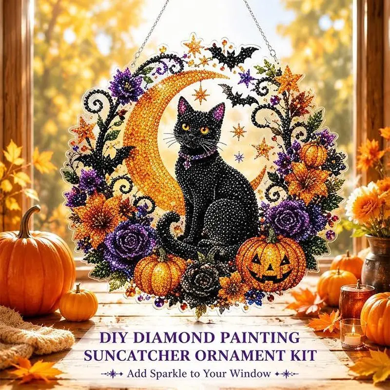 5D Crystal Drill Halloween Moon and Cat Diamond Painting Hanging Ornament, DIY Holiday Decoration Kit for Toys & Hobbies Needlework Projects