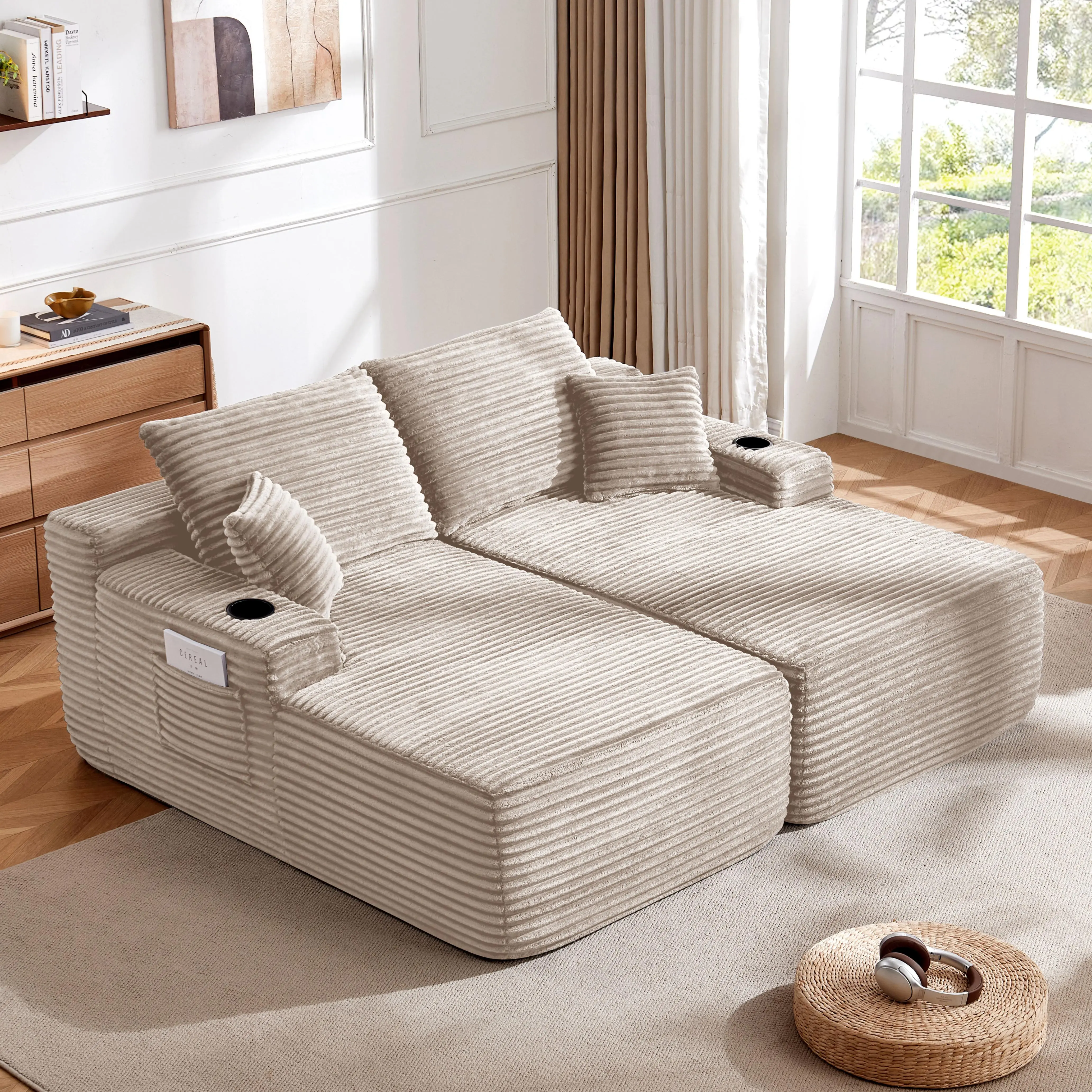 ARCH 69" Compact Fit L-Shape Sectional Sofa - 2-Seater Sofa Sectional Couch with Double Chaise Lounge, Deep Seat, Plush Fabric, Beige, No Assembly, Spring Padding, Fabric/Foam+Spring Build for Modern Living Room