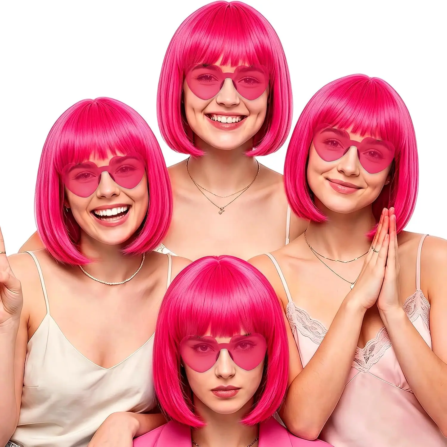 4 Pack Hot  Bob Wigs Heart Glasses for Women Men, Colorful Fun Neon Party Bob Wig Colored Synthetic Hair with Hairnet  Hairpiece for Halloween Costume Disco Bachelorette Girls Party