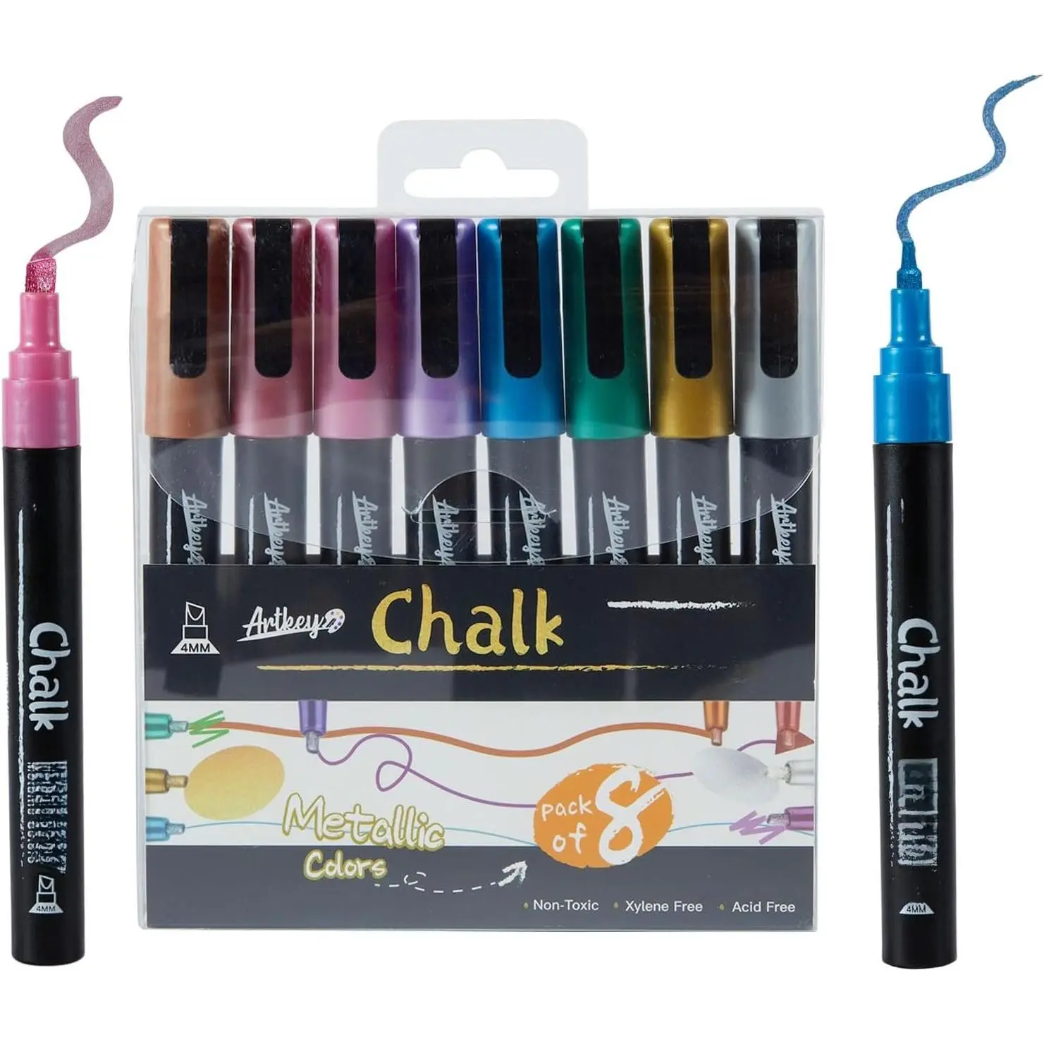 Metallic Chalk Markers Set - 8 Pack with Reversible Tips (Chisel & ) for Chalkboards, Windows, Glass &  -  Colors for Art & Craft Projects
