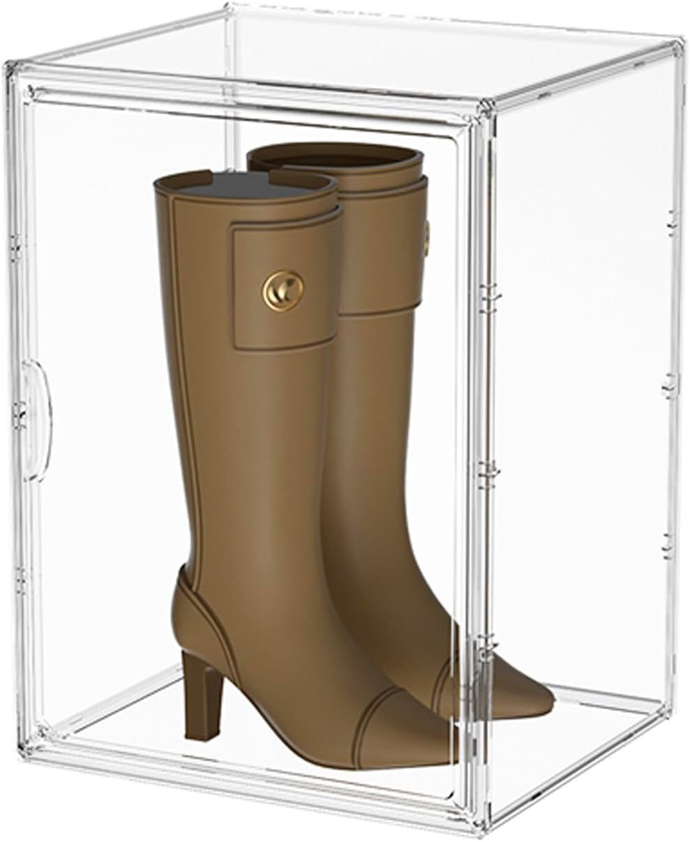 4 Tiers 15.7"X11.8"X9.8" Clear  Organizer Box Display Case, Plastic Holder with  Door and 3 Division Boards for Figures, Books, Handbags, Purses, Boots