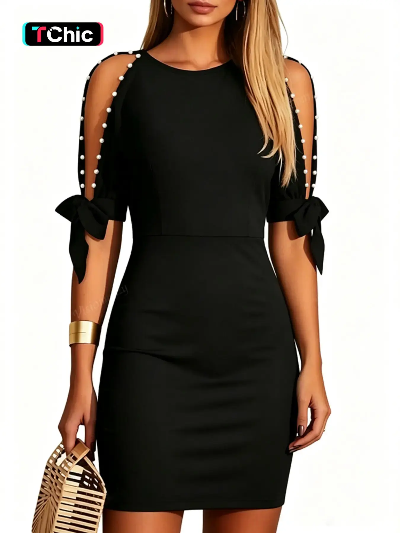 Women's Fashion Spring Summer Pearl Black Slim Fit Midi Dress, Summer Evening Wear, Hollow Out Shoulder Design, Elegance, Elegant for Concerts, Vacations, Commuting