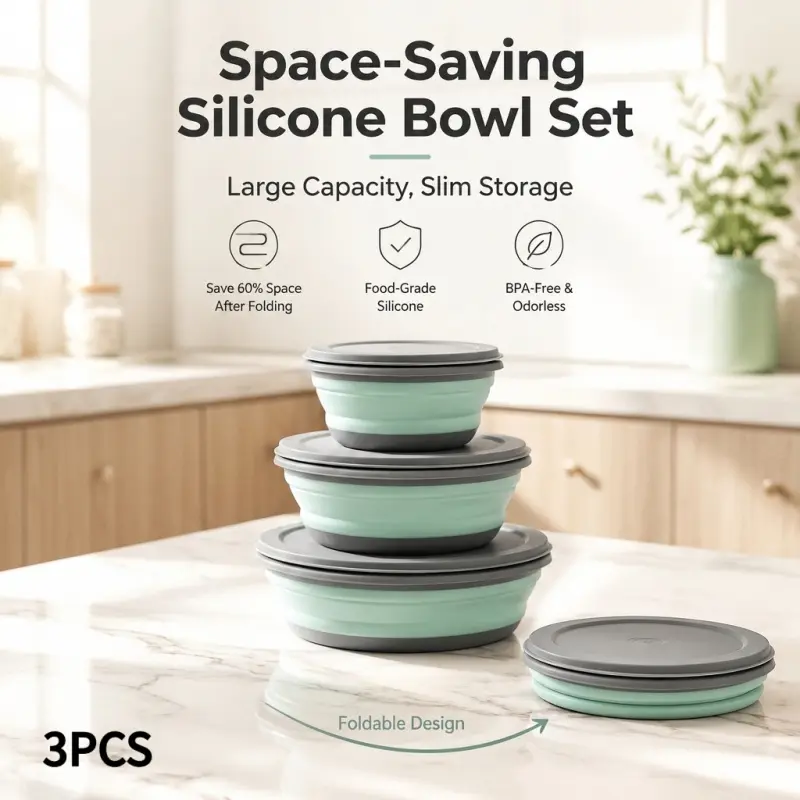 Collapsible Silicone Bowl Set (4-Pack) - Space-Saving Foldable Food-Grade Bowls with Lids, BPA-Free for Meal Prep, Camping & Kitchen Storage