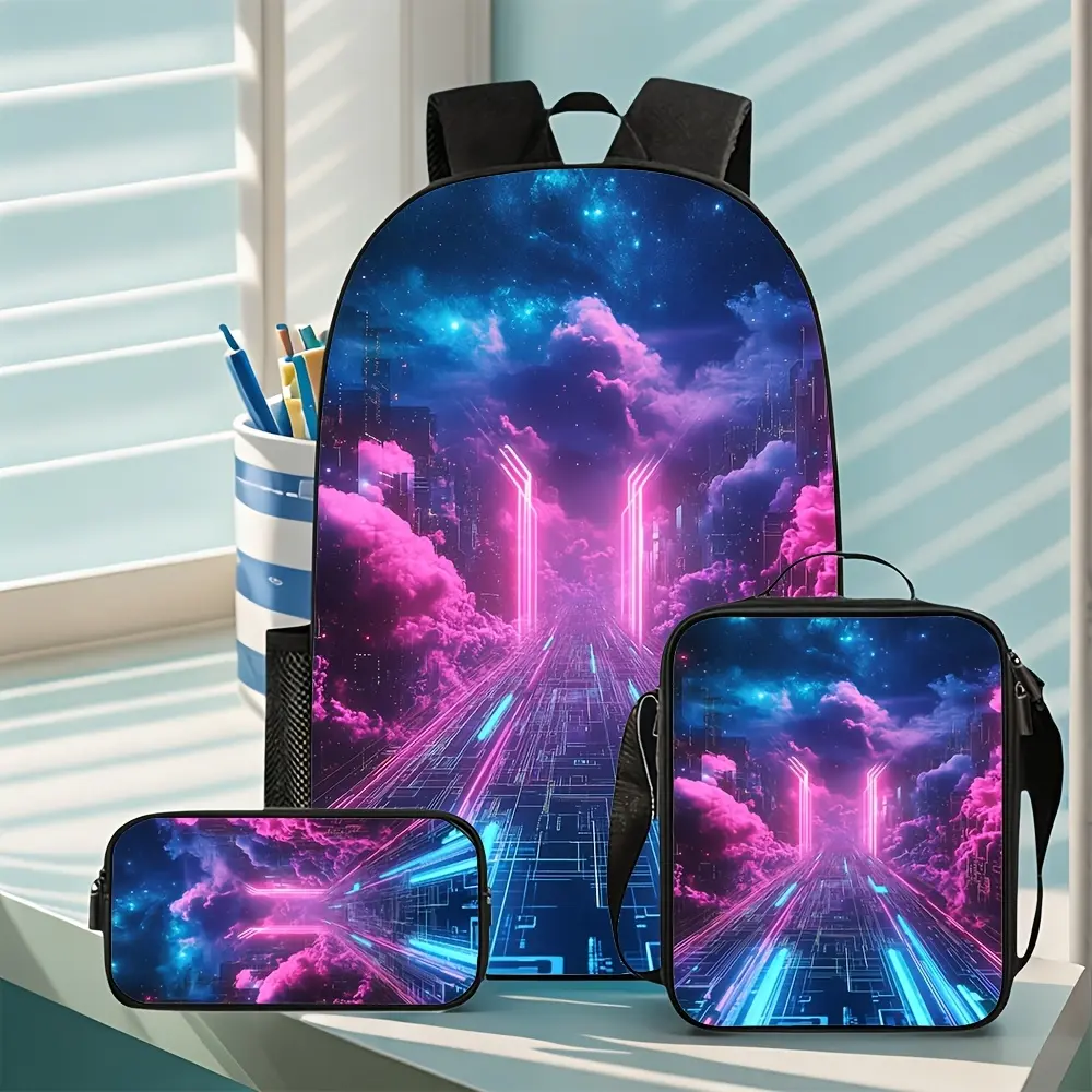1pc/3pcs Neon Cyberpunk Synthwave Road Men's Backpack - Large Capacity Travel Bag, Lightweight Suitable for, College, Commute, Vacation, Trendy Aesthetic Streetwear Gift Idea with Neon for Urban Commute & Weekend Trips