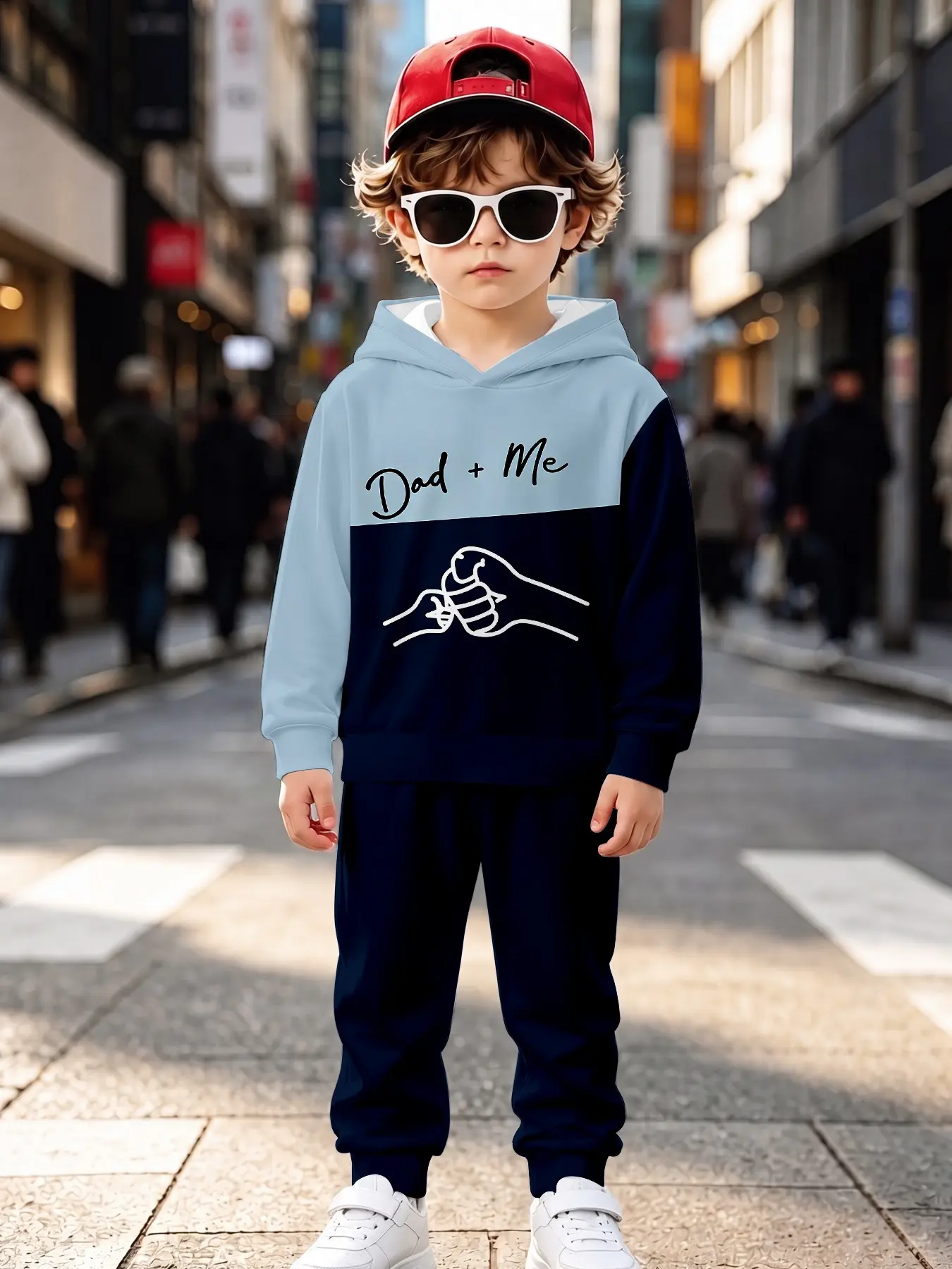 Light Blue Navy Color Block Parent-Child Style Matching Set Unisex Kids Casual Set, Long Sleeve All over Print, Fall & Winter Natural Waist Sweapants