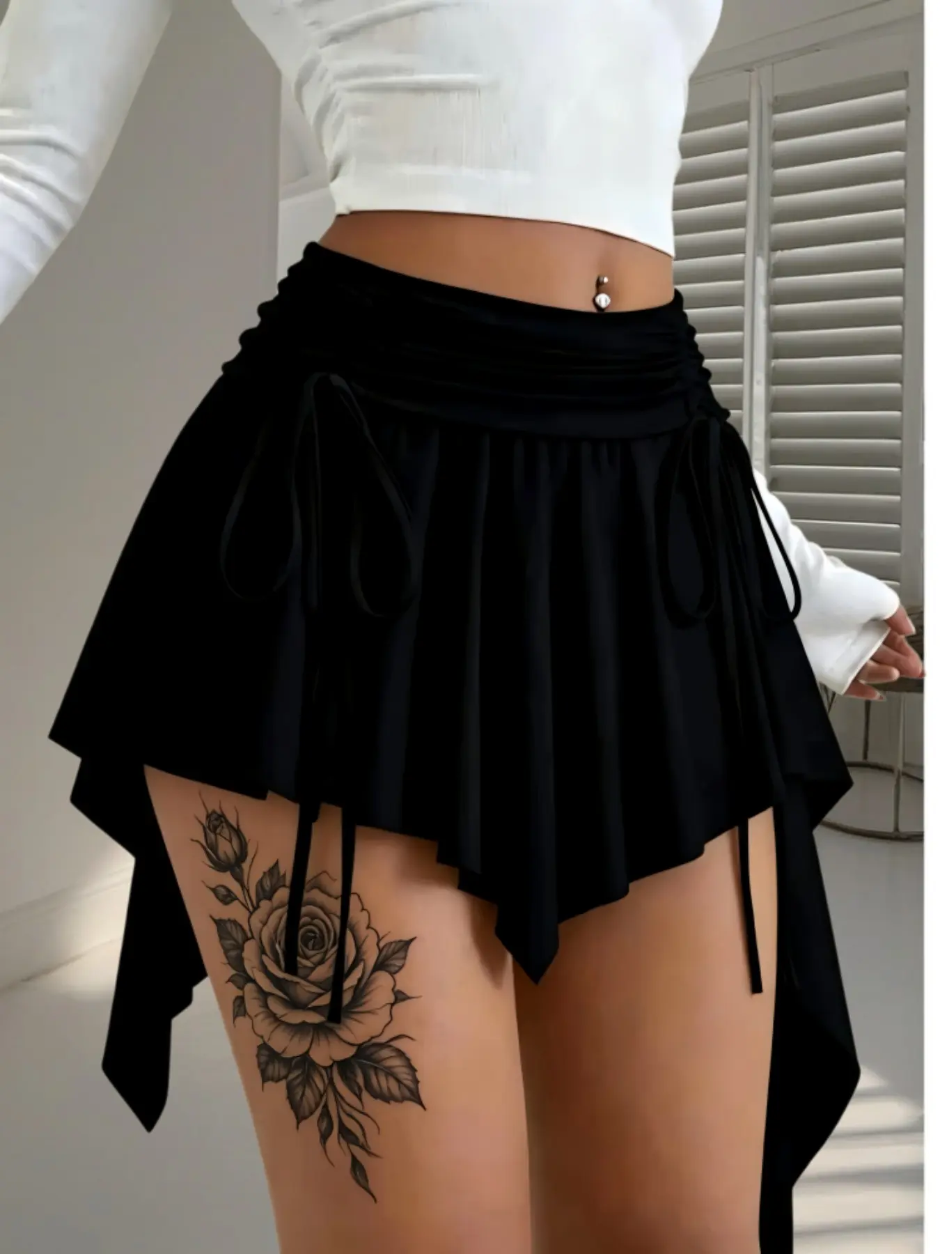 Irregular Adjustable Drawstring High Waist Short Skirt, Bottom, Lifts Waistline, Highlights Legs, Dual-Sided Pleats, Sweet Cool Street Style, Streetwear, Fashion, Single Piece
