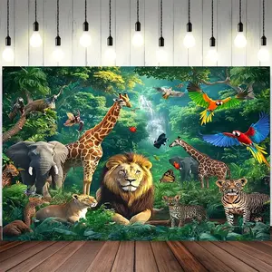 Jungle Adventure Wildlife Backdrop Safari Animal Style Tapestry Wall Hanging, Nature Photography Background, Premium Polyester Wall Decor for Party Venue, Garden Event, Photo Booth, Living Room Display, Indoor Outdoor Decoration