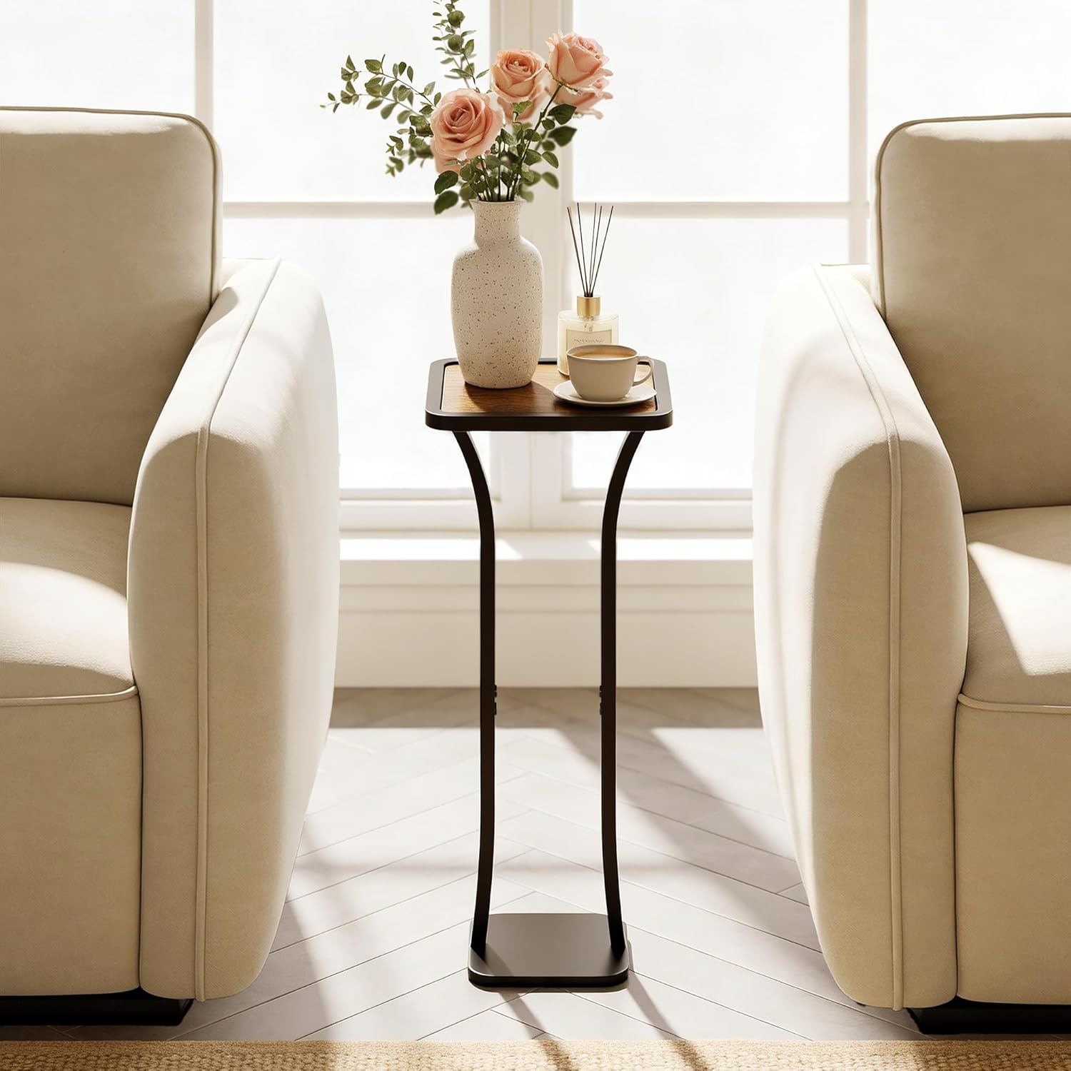 Small Square Side Table, Drink Table, Solid Wood & Metal Accent Table for Small Spaces, Pedestal End Table for Living Room, Bedroom, Office(Black + Walnut)