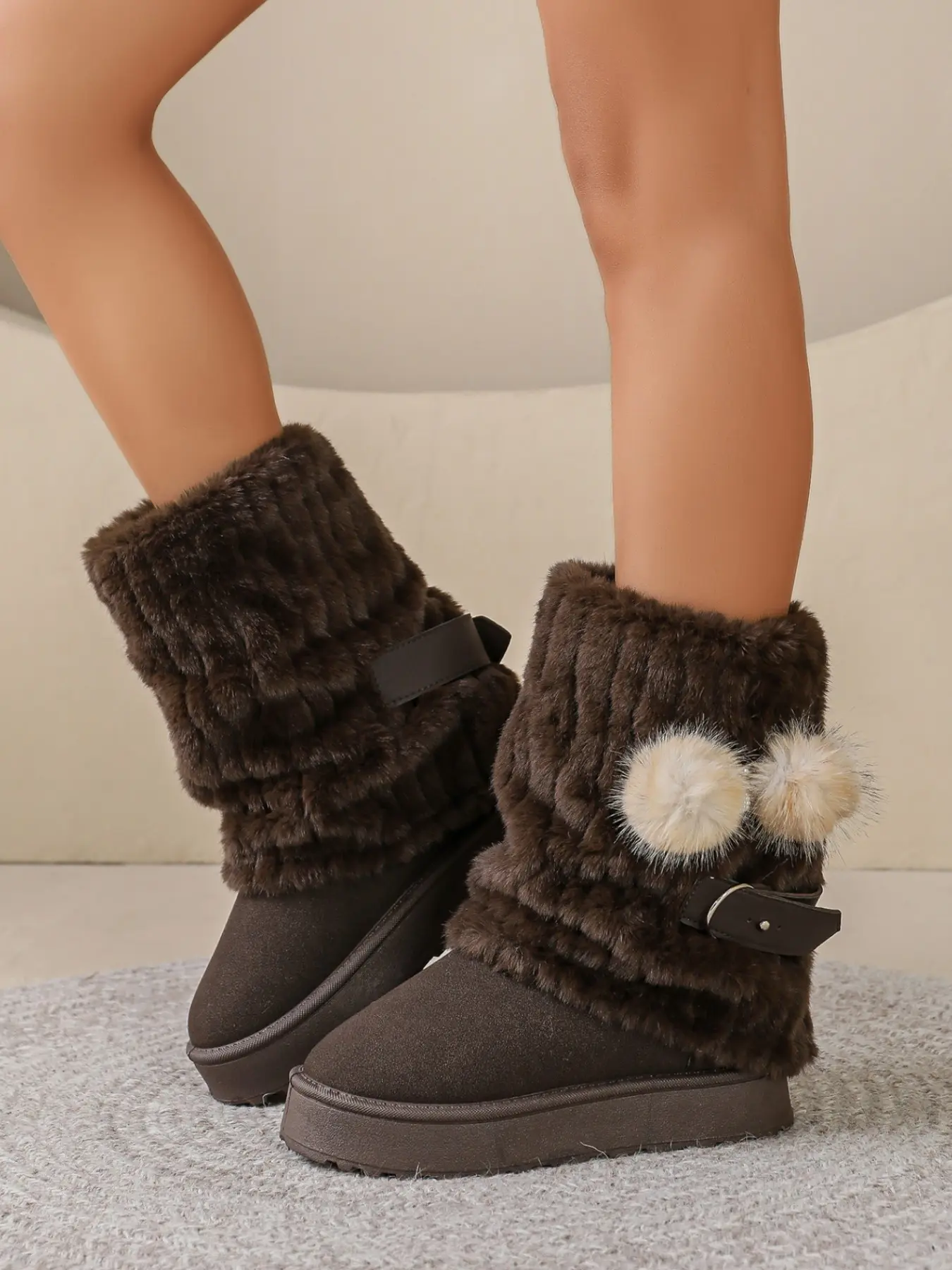 Cute Pom-Pom Knit Mid-Calf Snow Boots, Thick Fuzzy Lining for Warmth, Chunky Sole for Height, Side Buckle Design, Sweet and Fresh, Comfortable Daily Wear