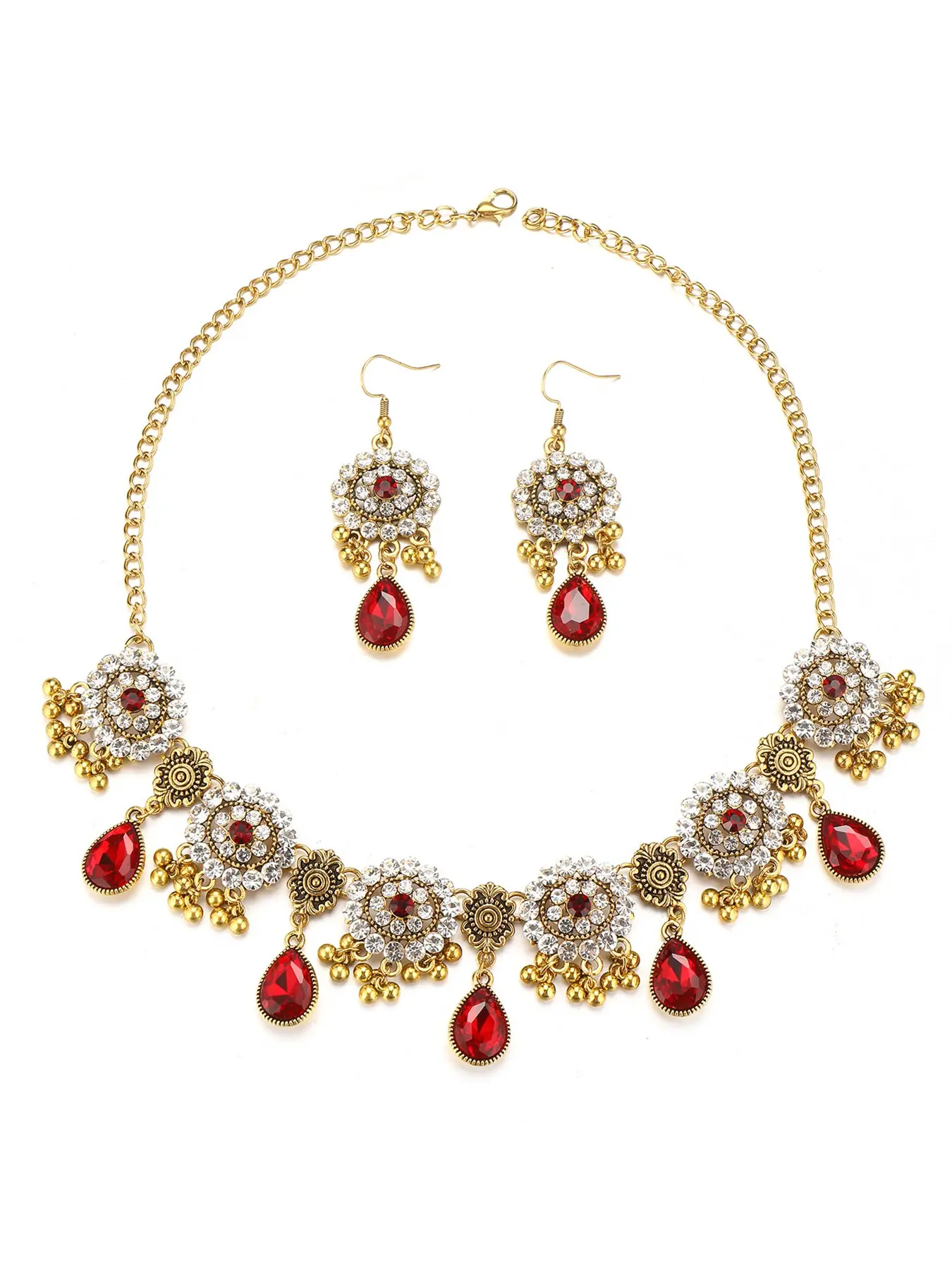 2Pcs Indian Statement Jewelry Set for Women, Antique Gold Flower Medallion Choker Necklace Teardrop Crystal Dangle Hook Earrings Pack, Boho Gypsy Tribal Bollywood Festival Accessories (7 Colors)