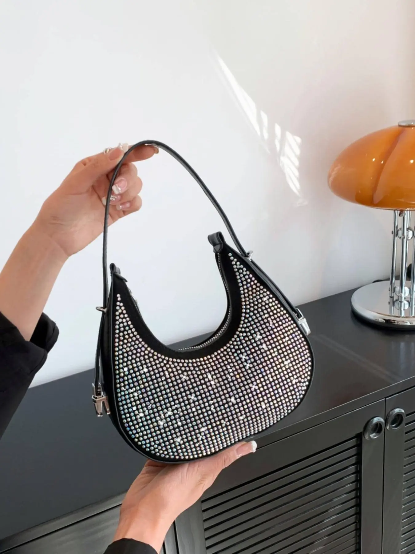 Shiny Diamond Evening Bag, Women's Luxury Designer Handbag, Fashion Retro Zipper Crescent Moon Shoulder Clutch, PU Leather, All Seasons