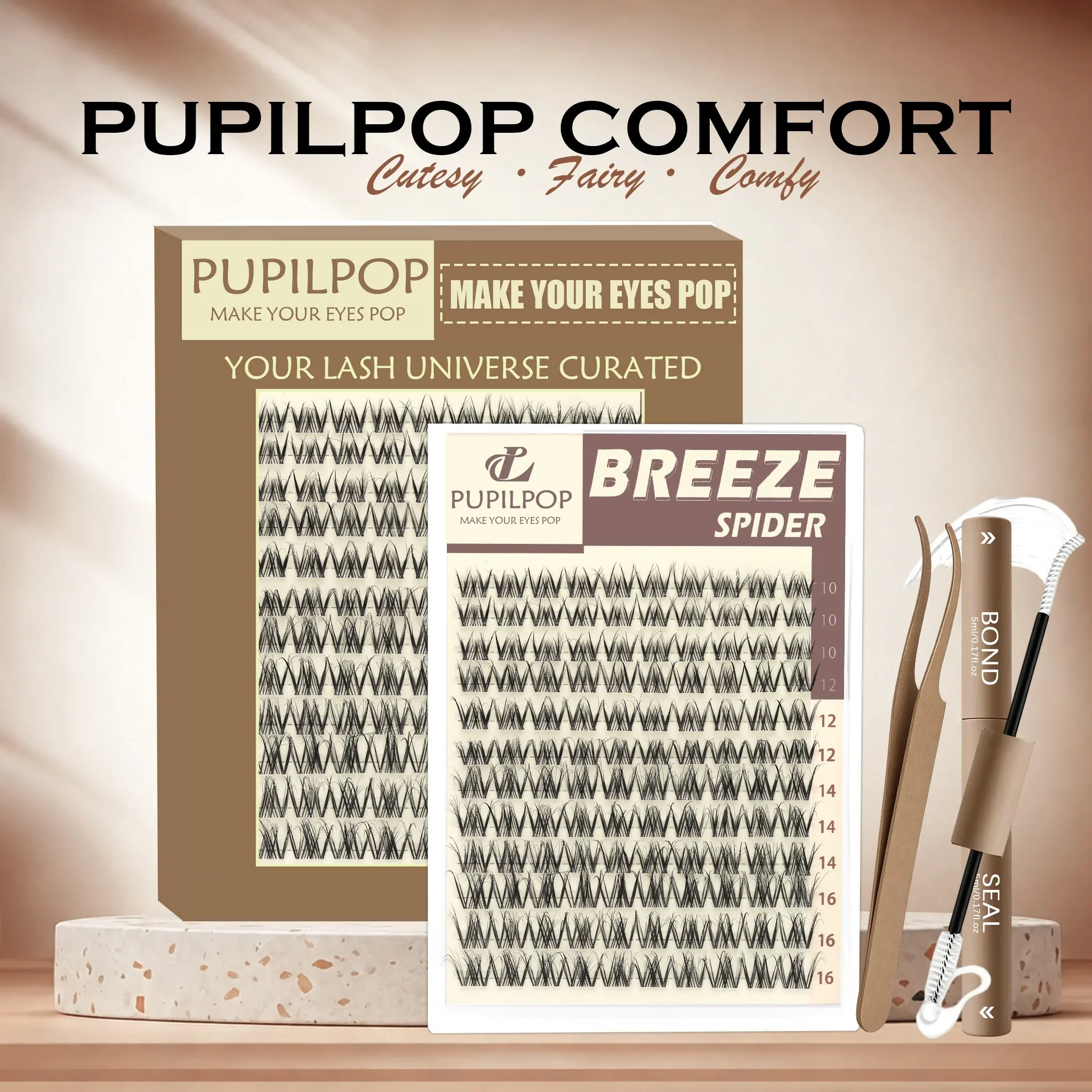 Pupilpop Comfort Breeze Lash Clusters Kit, 10-16mm D Curly Wispy Lashes with 0.05mm Ultra-Soft Spider Invisible Band, All-in-One Kit with Tweezers & 2in1 Bond & Seal, Waterproof, Feather-Light Comfort & Beginner-Friendly.