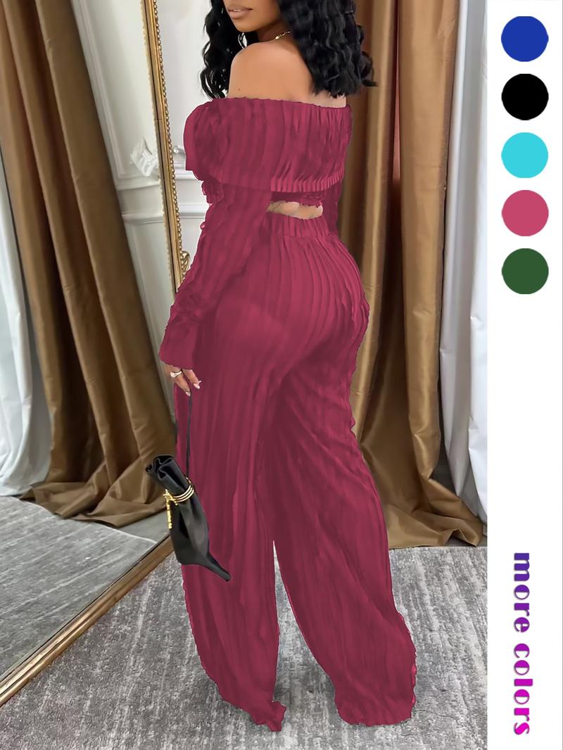 Lady 's Solid Off Shoulder Top & Wide Leg Pants Set, Elegant Loose Fashion Casual Two Piece Outfits for Daily Outdoor Wear, Casual Summer Set, Women Clothes for All Seasons, Womenswear