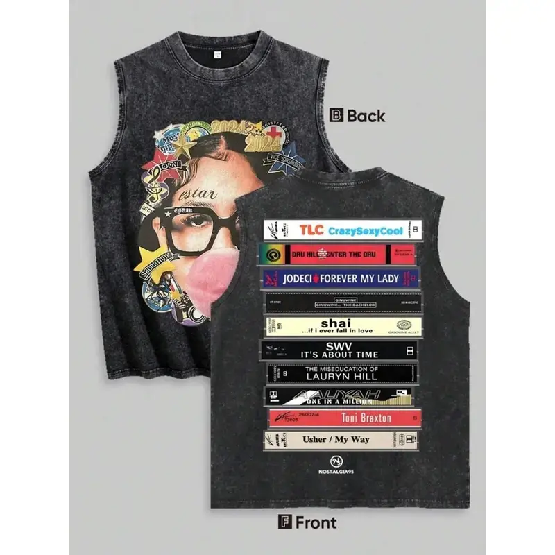Acid Wash Graphic Tank Top, Unisex Vintage 90s R&B Music Print, Soft Stretchy Breathable Cotton Hip Hop Streetwear Sleeveless Tee, Fabric, Ribbed