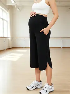 High Stretch Comfortable Pregnant Wide Leg Pants, High Waist Pockets Seven-Eighths Pants, Fashion Casual Pregnancy Wear for Daily & Sports, Maternity Summer Clothes