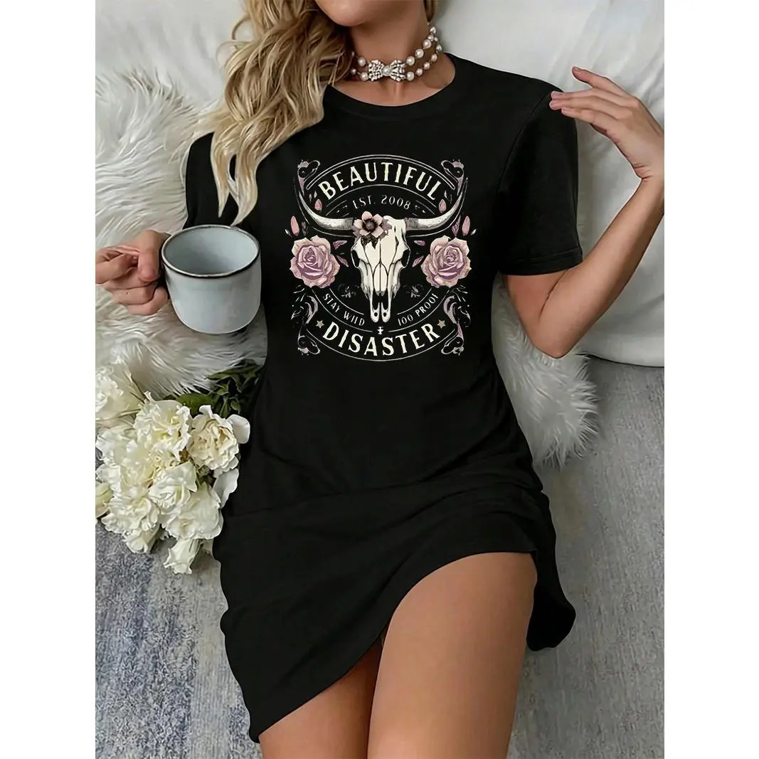 Women's Oversized T-shirt Dress with Western Bull Skull Graphic, Casual Loose Mini Dress with Short Sleeves, Breathable Polyester Blend and Elastane, Lightweight, Breathable Fabric, Lady