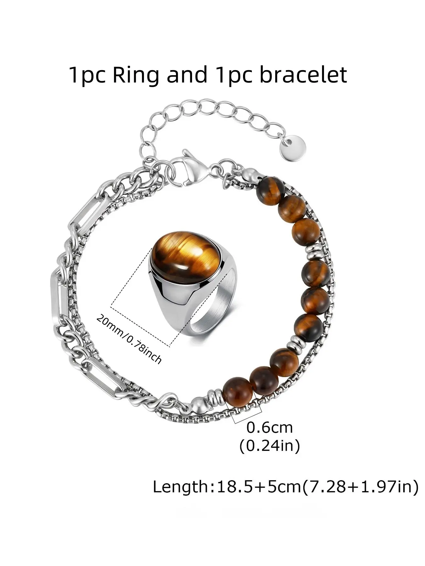 2-Piece Titanium Steel Men's Tiger Eye Ring Bracelet Set,  Perfect for Daily Wear, Birthday & Holiday Gifts