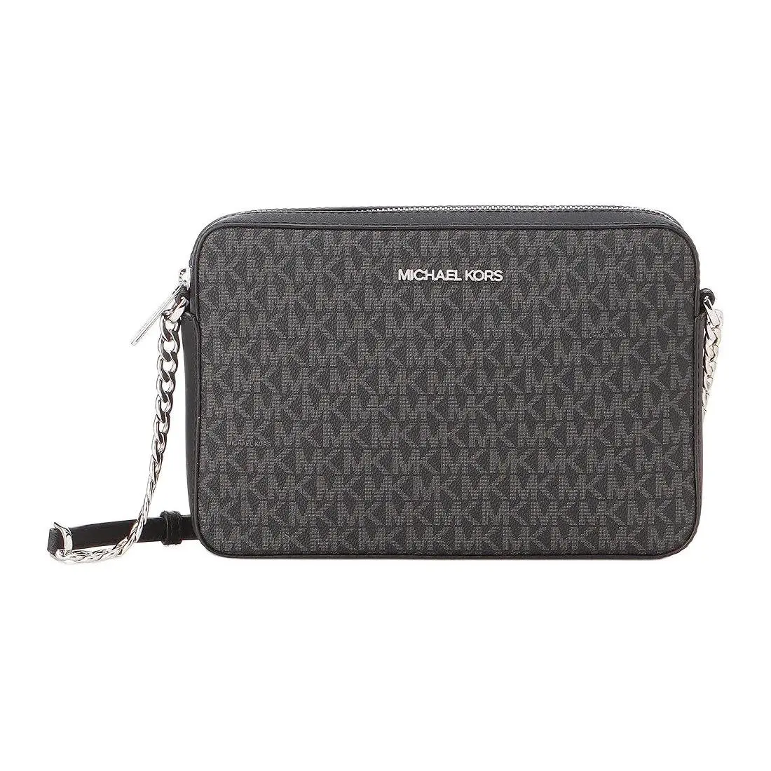Michael Kors MK Jet Set Long Vintage Monogram Chain Crossbody Camera Bag for Women, Leather, Black