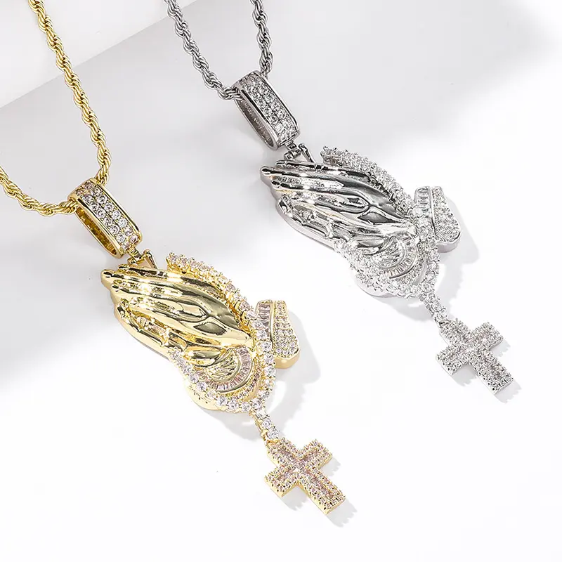 Vintage Bronze Zirconia Praying Hands Cross Necklace - Christian Cross Necklaces, Spiritual Faith Message Jewelry, Casual Streetwear Accessory for Men
