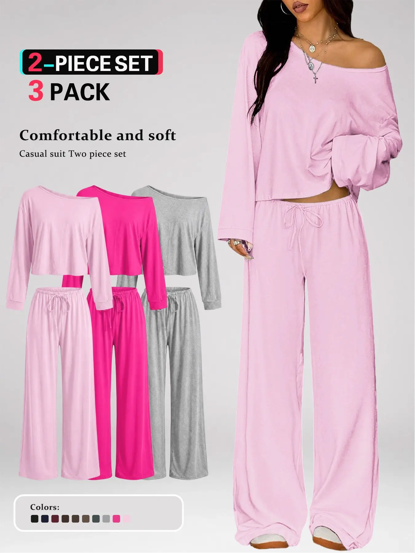 Women's Casual Two-Piece Set, Off-Shoulder Cropped Top, High-Waisted Wide-Leg Trousers, Elastic Drawstring Waist, Multi-Color, All Seasons, Clothes