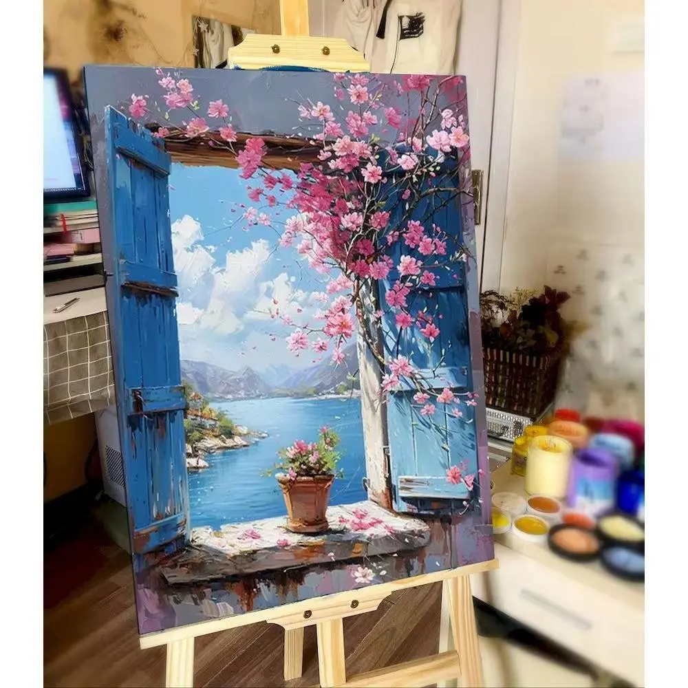 DIY Paint By Number Adult Kit Window Flower Digital Oil Painting Landscape Seaside Drawing On Canvas Wall Decor Living Room Gift