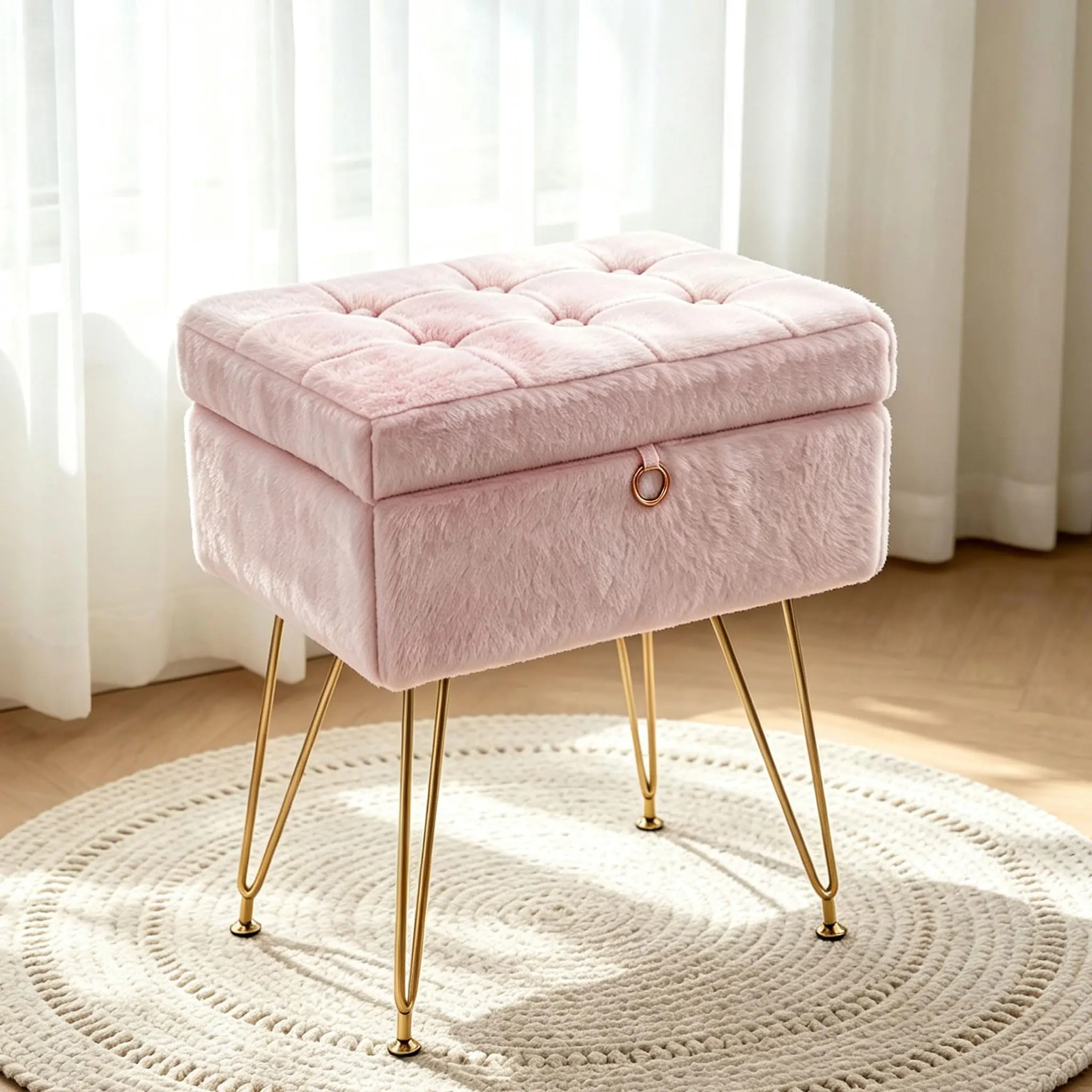 Vanity Stool Chair with Storage, Modern Cute Small Vanity Bench, Soft Ottoman Footrest with Metal Legs & Adjustable Feet, Footstool for Living Room, Bedroom & Makeup Room