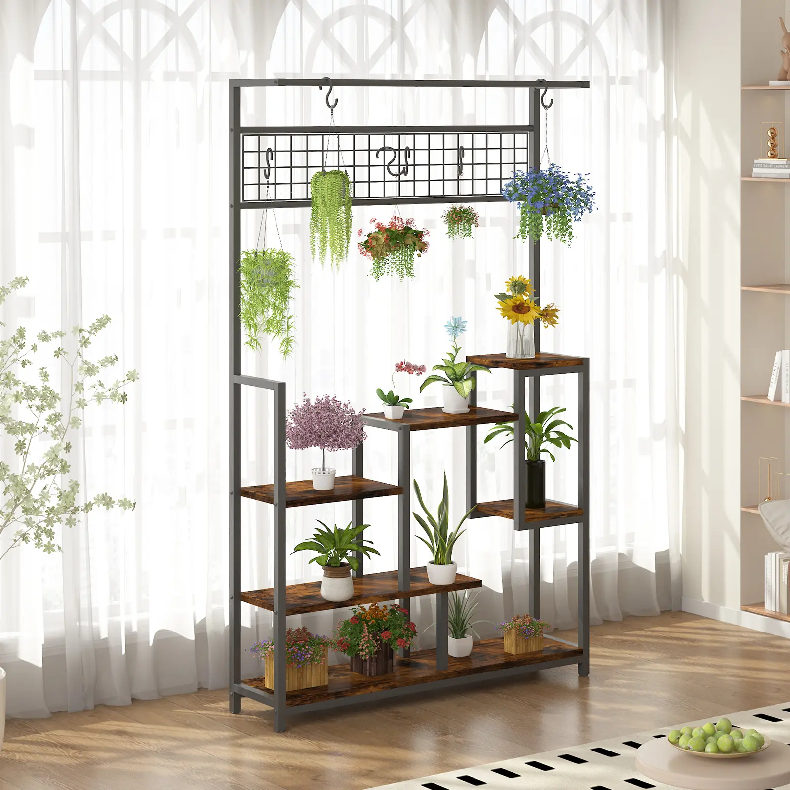 7-Tier Metal Plant Stand with Grow Lights – Tall Indoor Plant Shelf with Hanging Hooks, Multi-Level Display Rack for Flower Pots, Bonsai, and Décor – Ideal for Living Room, Balcony, Patio, or Garden
