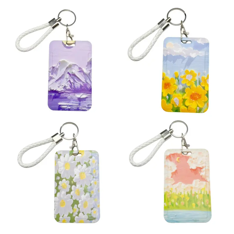 Floral Art ID Badge Holder - Protective Card Case with Keychain for ID & Cards