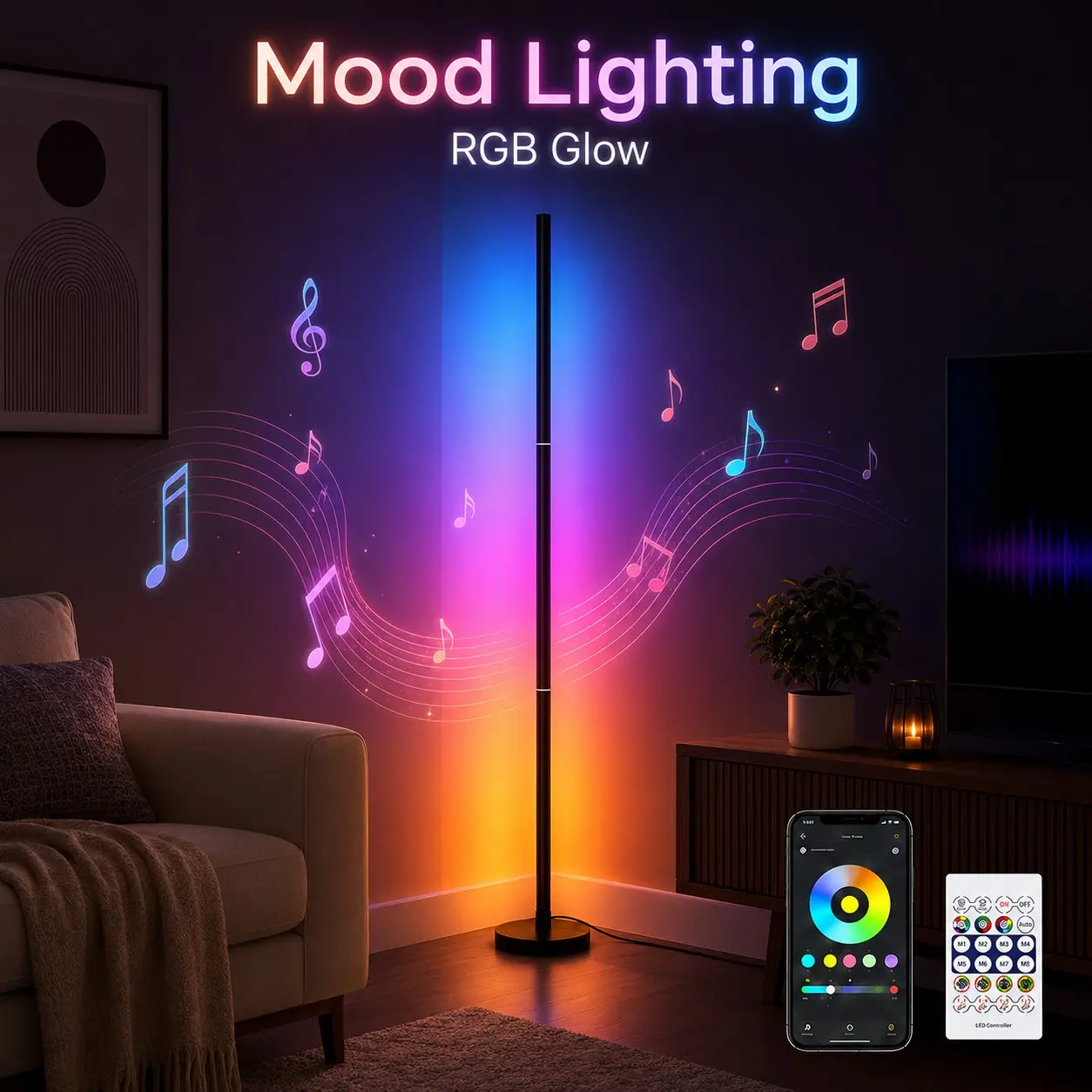 Smart RGB Corner Floor Lamp, Color Changing LED Standing Lamp with App & Remote Control, Music Sync, 16M DIY Colors, Dimmable Ambient Mood Light for Bedroom Living Room Dorm Gaming Room, LED Ambient Lighting