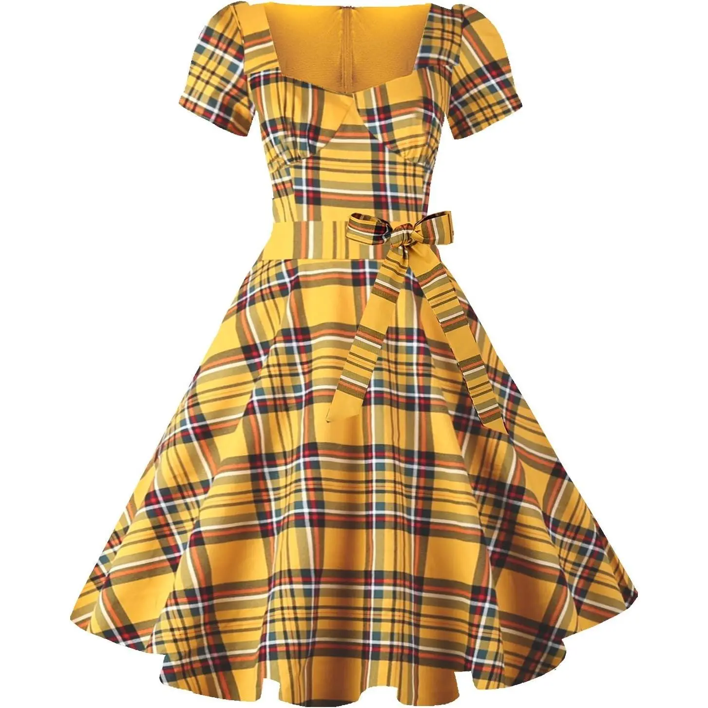 Women's 1950s Vintage Puff Sleeves Cocktail Rockabilly Swing Retro Dress with Pockets