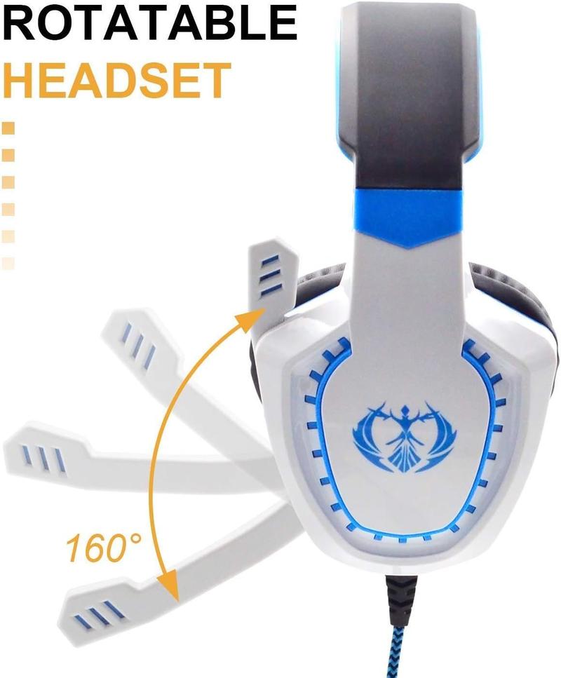 Stereo Gaming Headset for PC, Surround Sound Noise Isolation Wired Over Ear Headphones with Mic, Deep Bass, Soft Memory Earmuffs for Laptop Desktop Computer (White Blue)