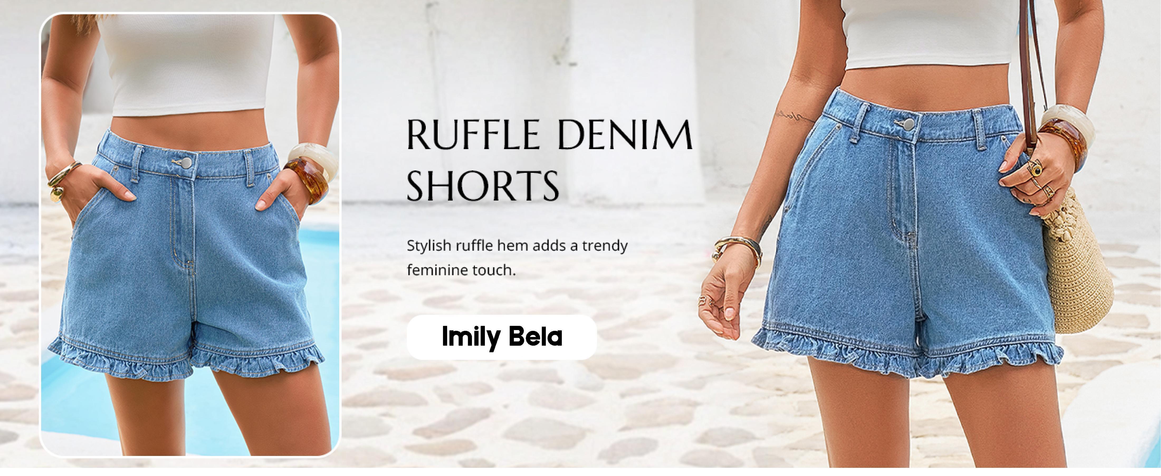 Imily Bela Womens Summer Ruffle Denim Shorts Cute High Waisted Cotton Short Jeans with Pockets SpringStatements.Size down if you are between sizes.
