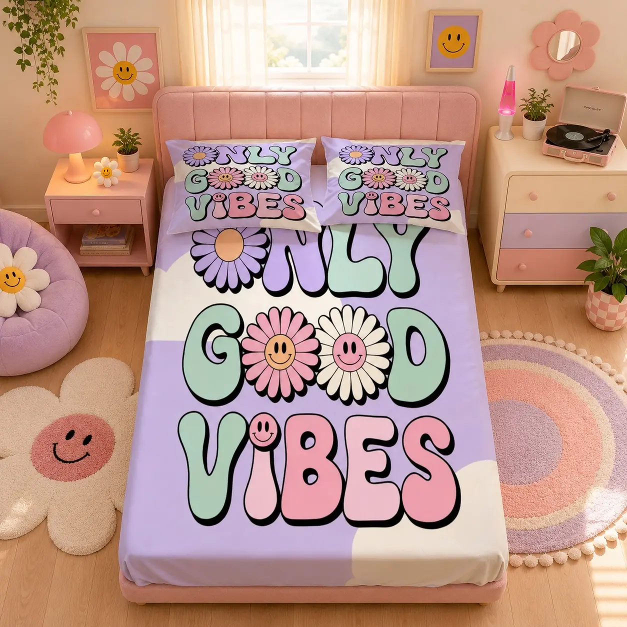 Vintage Daisy Only Good Vibes Fitted Sheet Set, 3 Pack (1 Fitted Sheet + 2 Pillowcases, No Pillow Inserts), Breathable Deep Pocket Design, Soft Skin-friendly Fabric, for Teens’ & Adults’ Bedrooms, Gifts for Girls and Women
