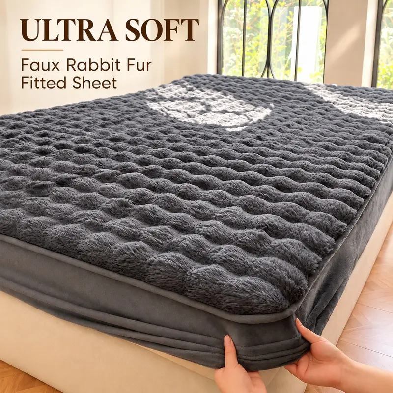 Warm Faux Rabbit Fur Fitted Sheet, Bed Sheets, Ultra Soft Fluffy Plush Solid Color Bedding with Elastic Deep Pocket and Secure Mattress Fit, Cozy Machine Washable for Bedroom, College Dorm, Hotel, Multiple Sizes