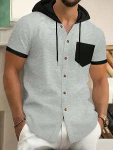 Men's Waffle Texture Single Pocket Casual Open-Front Shirt, Solid Color Contrast Hooded Short Sleeve Top, Stylish and Comfortable