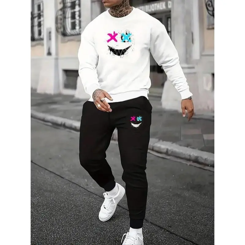 Men's Cartoon Smile Face Print Sweatshirt & Elastic Waist Sweatpants Set, Regular Fit Casual Round Neck Long Sleeve Pullover & Jogger Pants, Men's Fall & Winter Clothes