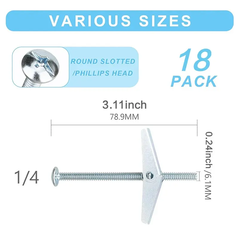18 Pack 1/4 Inch Heavy Duty Drywall Anchors and Screws,Toggle Bolts and Wing Nuts Set, Hollow Drywall Anchors Bolts Screws