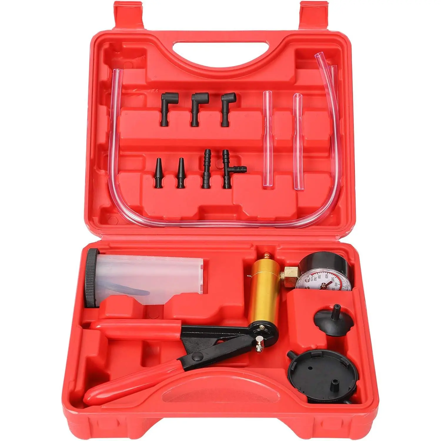 Automotive Fluid Bleeding Handheld Kit, Single Person Bleeder Set with Hand Vacuum Pump, Vacuum Gauge (0-30" hg range) & Adapters for Cars/Bikes (Red)