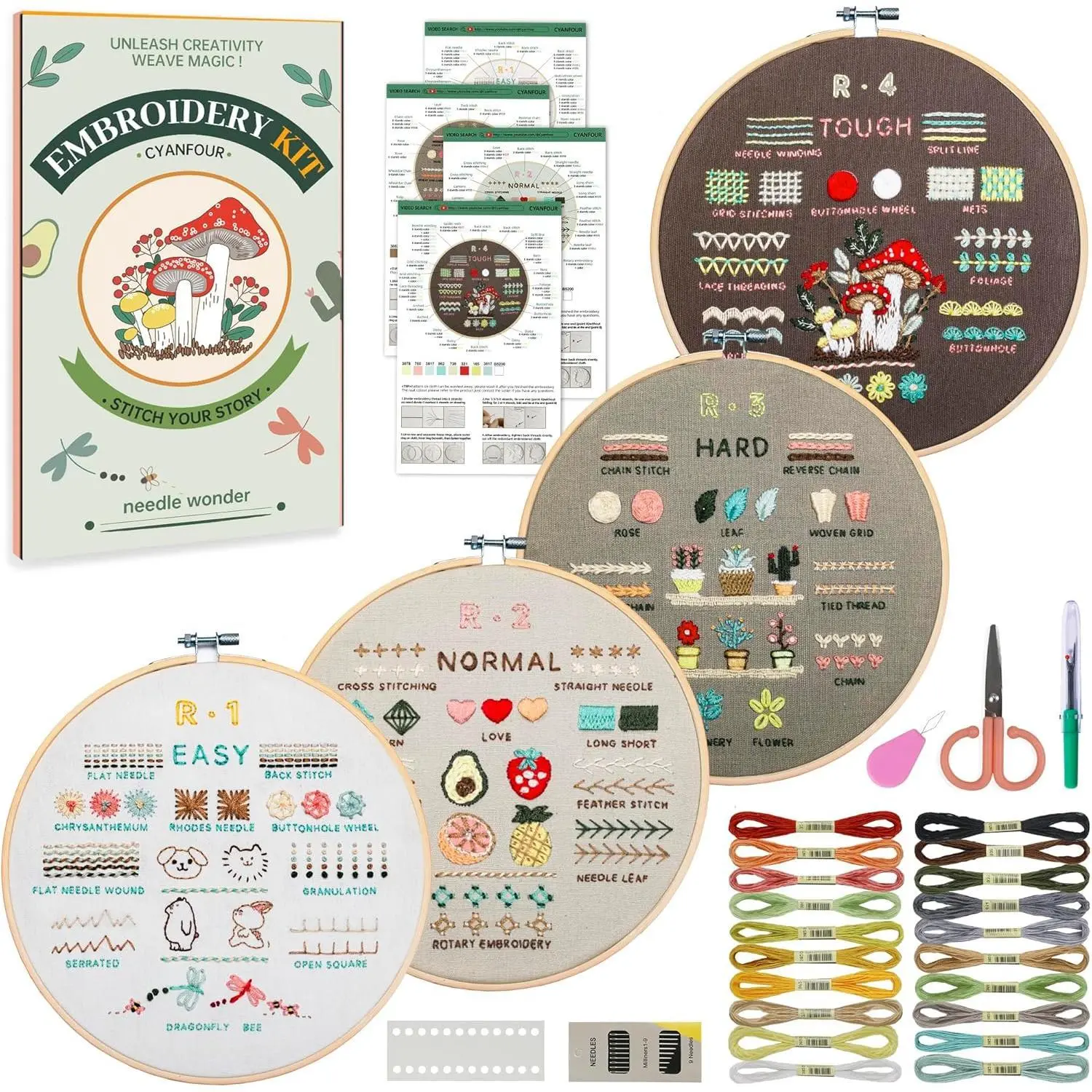Embroidery Kit for Beginners, 4 Stages to Learn 38 Stitches, with Step-By-Step Instructions and Clear Videos, Includes Multiple Accessories, Gift for Craft Lovers