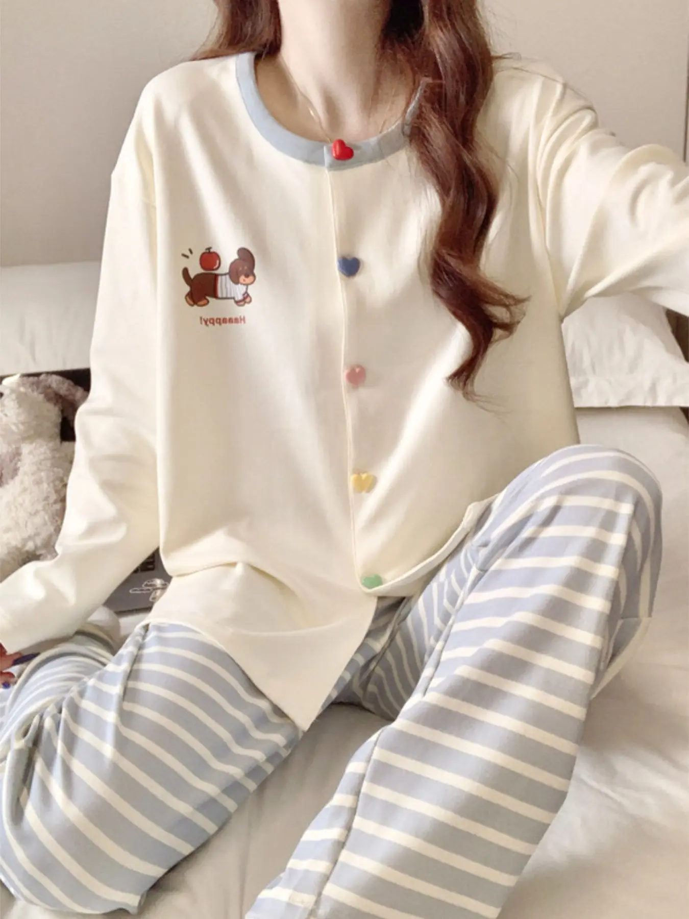 Dachshund Print Lounge Set for Women, Korean Sweet Style, Long Sleeve & Relaxed Fit, Soft Breathable Pajamas for Spring Fall