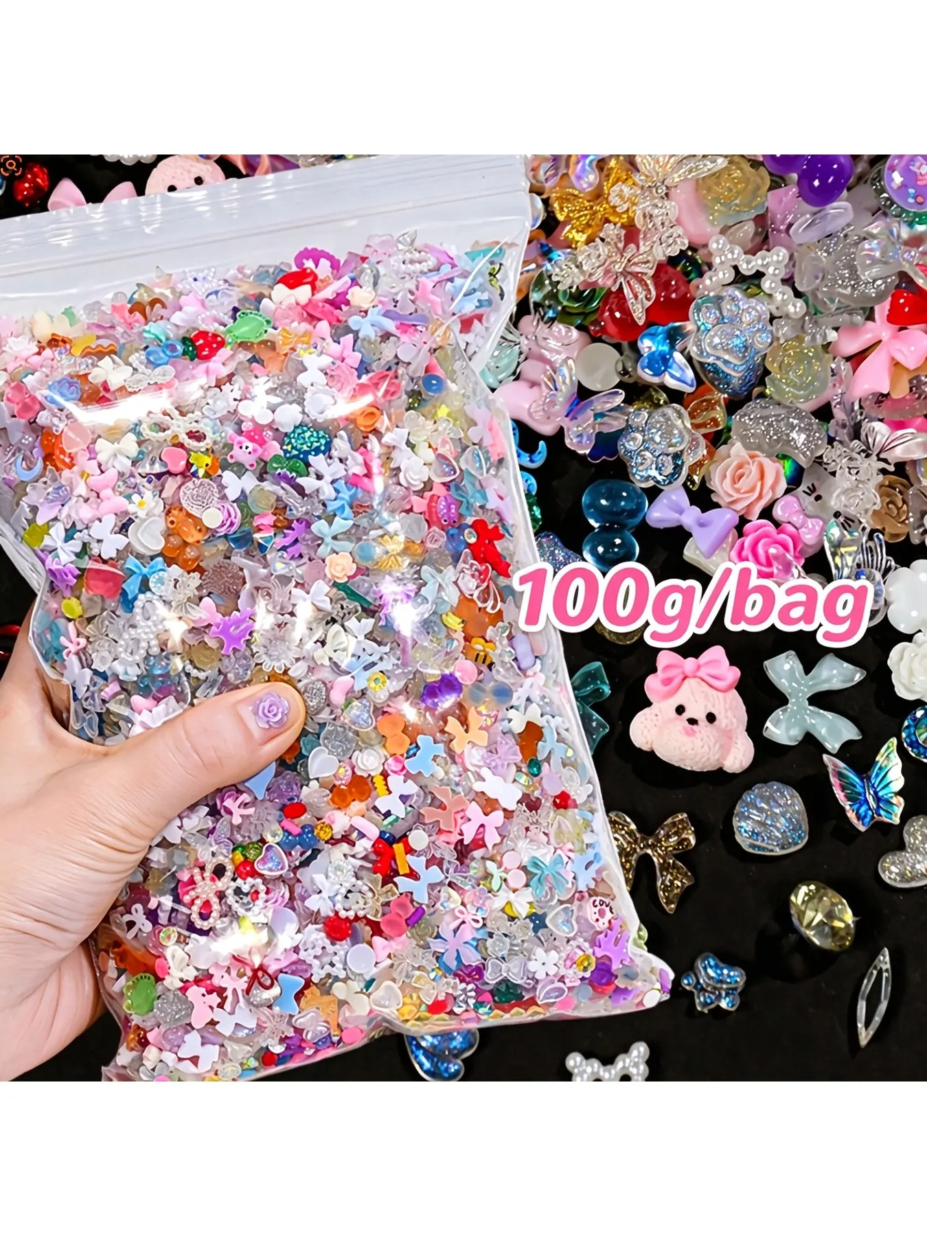100g/Bag 1000-1100PCS Assorted Resin Charms, Mixed Bow, Flower, Heart, Bear & Sequin Embellishments for DIY Crafts, Phone Case Decoration, Hair Clips, Jewelry Making & Creative Projects