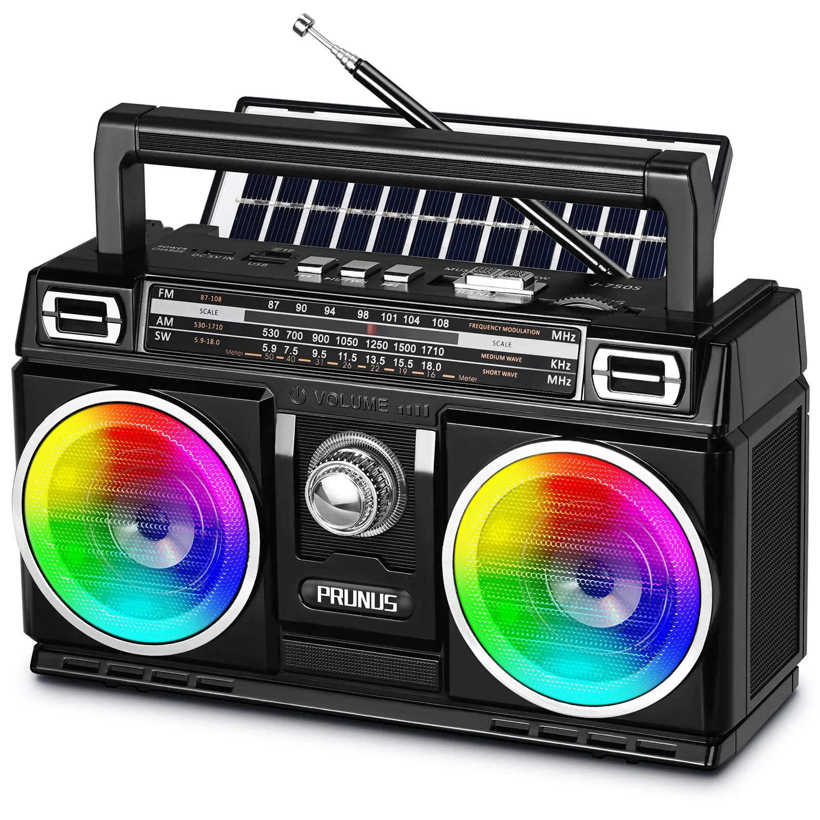 PRUNUS J-750 AM FM Radio Portable with Bluetooth Dual Speakers and RGB Light | USB/TF Card Playback, USB-C/Solar Charging, Rechargeable Radios, Bluetooth Radio, Transistor Radios Portable AM FM